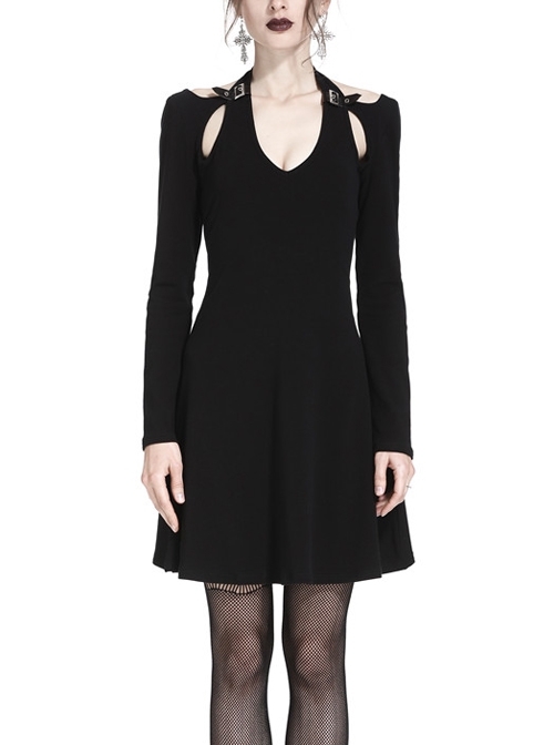 Gothic Punk Pure Black Concise Long Sleeve Slim Midi Dress