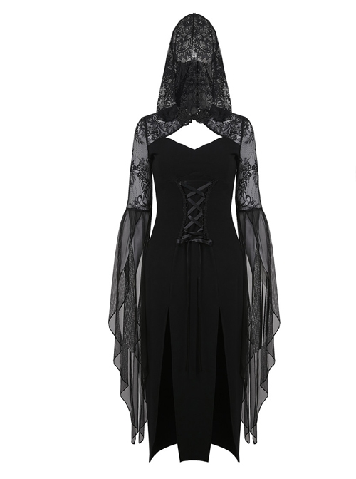 Gothic Black Lace Hooded Sexy Side Slits Long Dress