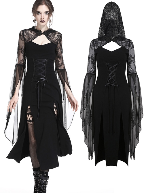 Gothic Black Lace Hooded Sexy Side Slits Long Dress