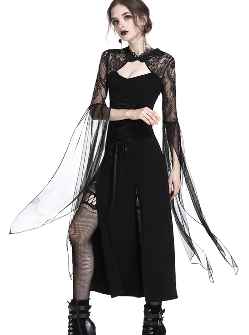Gothic Black Lace Hooded Sexy Side Slits Long Dress - Magic Wardrobes