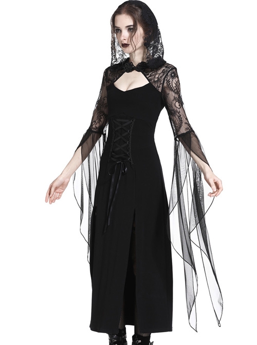 Gothic Black Lace Hooded Sexy Side Slits Long Dress