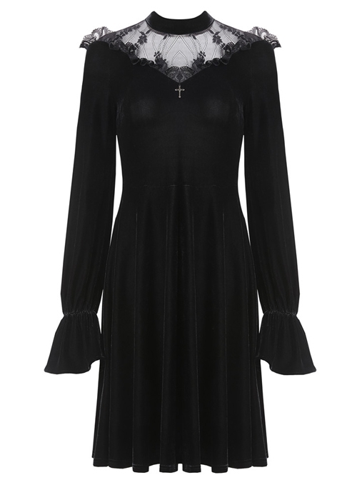 Gothic Cross Black Lace Velour Long Sleeve Dress