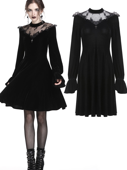 Gothic Cross Black Lace Velour Long Sleeve Dress