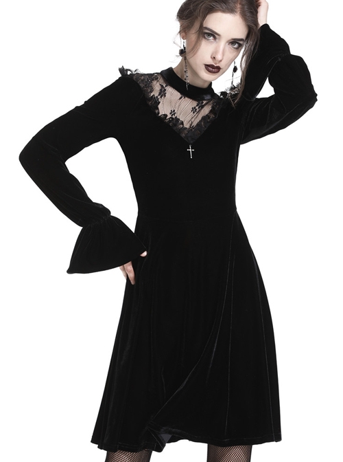 Gothic Cross Black Lace Velour Long Sleeve Dress