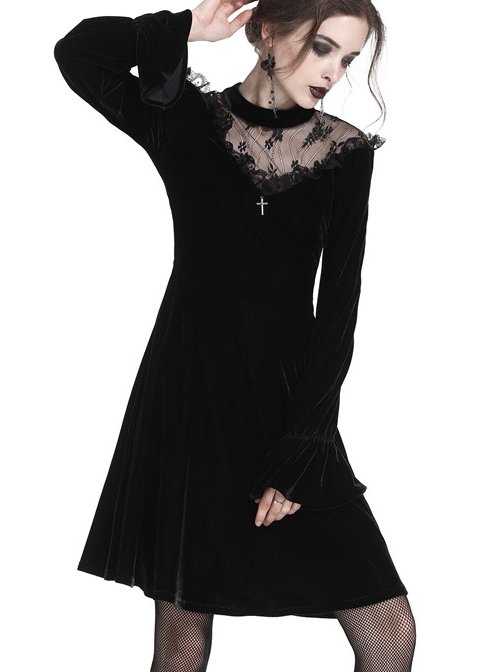 Gothic Cross Black Lace Velour Long Sleeve Dress