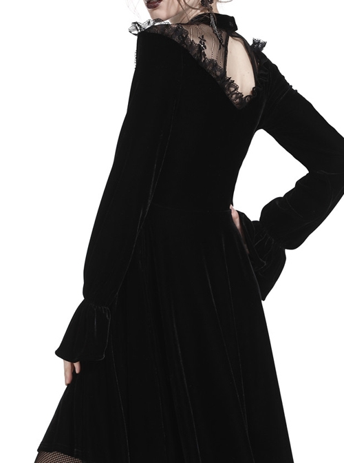 Gothic Cross Black Lace Velour Long Sleeve Dress