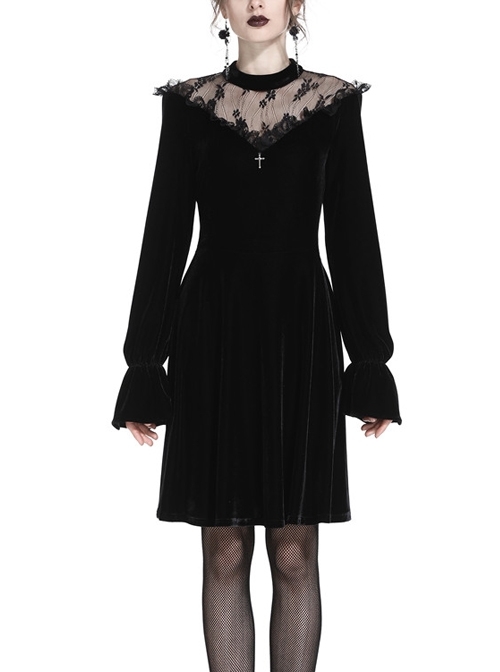 Gothic Cross Black Lace Velour Long Sleeve Dress