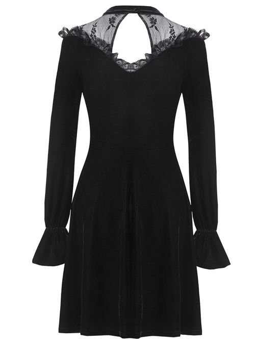 Gothic Cross Black Lace Velour Long Sleeve Dress
