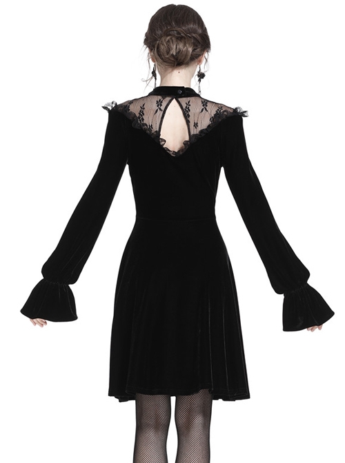 Gothic Cross Black Lace Velour Long Sleeve Dress