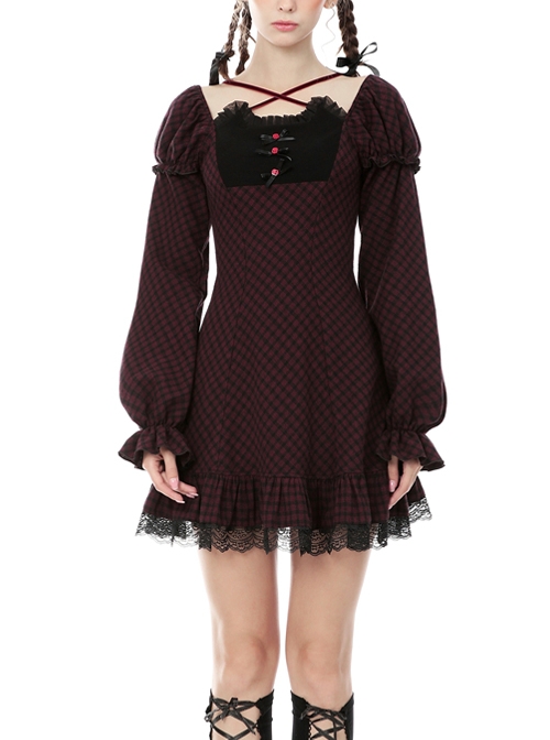Gothic Black Red Grid Long Sleeve Lolita Night Cat Short Dress