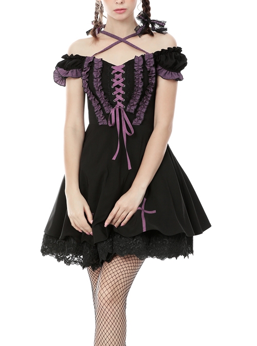 Harajuku Purple Cross Sweet Gothic Rebel Short Black Sleeve Dress