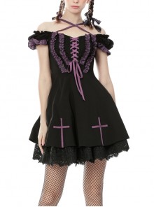 Harajuku Purple Cross Sweet Gothic Rebel Short Black Sleeve Dress