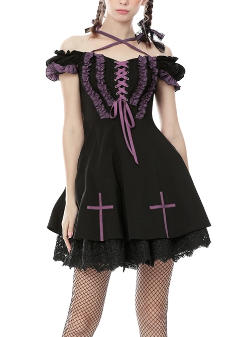 Harajuku Purple Cross Sweet Gothic Rebel Short Black Sleeve Dress
