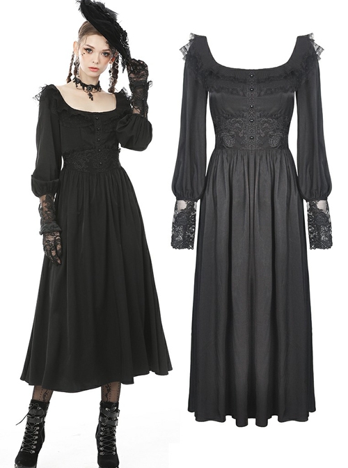 Elegant Retro Rose Embroidery Black Gothic Long Dress - Magic Wardrobes