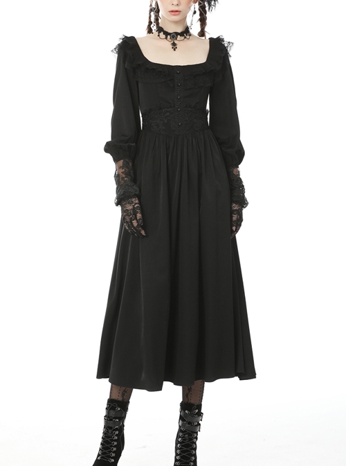 Elegant Retro Rose Embroidery Black Gothic Long Dress