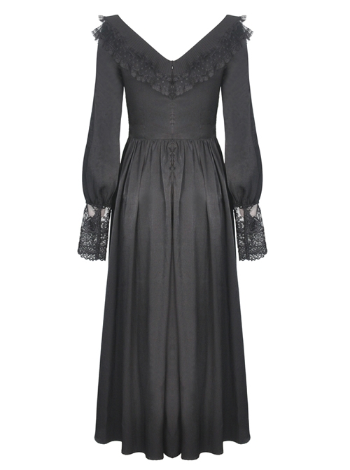 Elegant Retro Rose Embroidery Black Gothic Long Dress - Magic Wardrobes