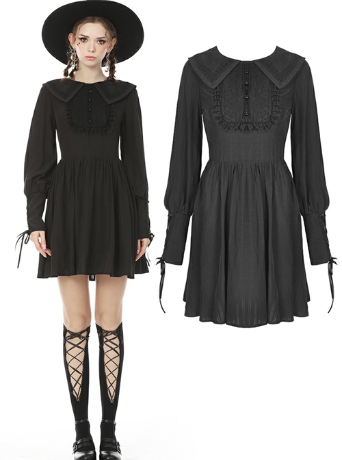Black Doll Collar Gothic Lantern Long Sleeve Dress