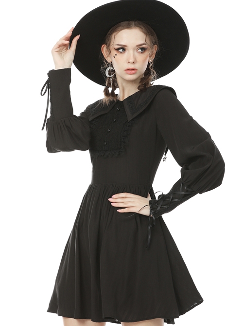 Black Doll Collar Gothic Lantern Long Sleeve Dress