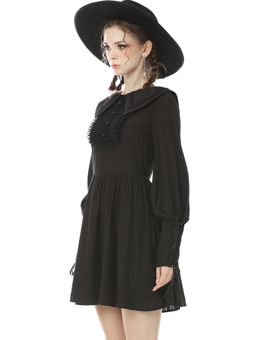Black Doll Collar Gothic Lantern Long Sleeve Dress
