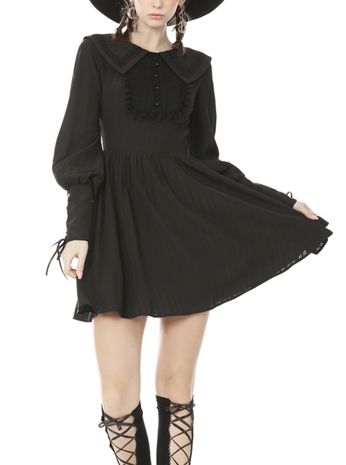 Black Doll Collar Gothic Lantern Long Sleeve Dress