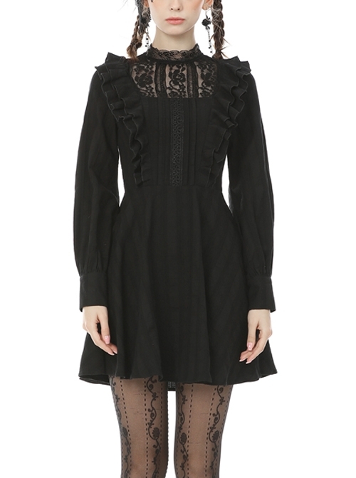 Dark Mysterious Black Lace Frilly Gothic Long Sleeve Dress