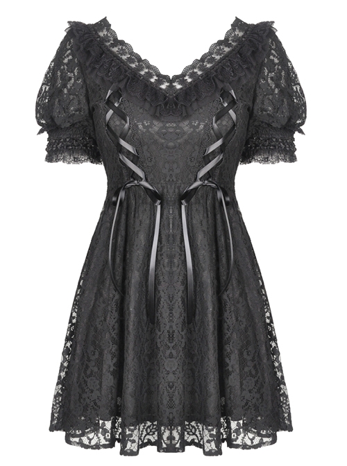 Sexy Rebel Black Lace V Neck Gothic Short Sleeve Dress