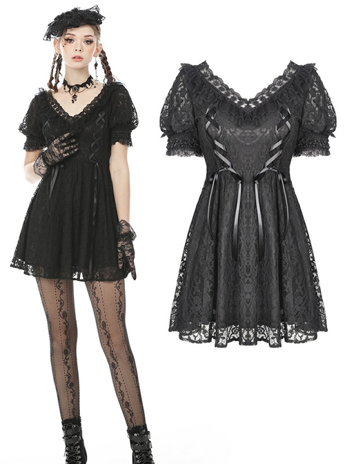 Sexy Rebel Black Lace V Neck Gothic Short Sleeve Dress