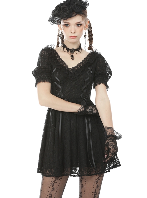 Sexy Rebel Black Lace V Neck Gothic Short Sleeve Dress