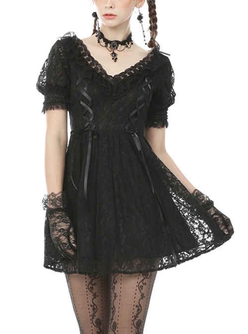 Sexy Rebel Black Lace V Neck Gothic Short Sleeve Dress