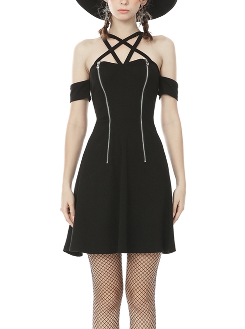 Black Gothic Sexy Zipper Star Halter Dress