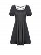 Black Intersect Straps Embroidery Gothic Prom Short Sleeve Dress