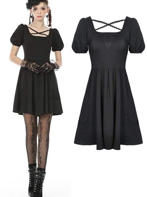 Black Intersect Straps Embroidery Gothic Prom Short Sleeve Dress