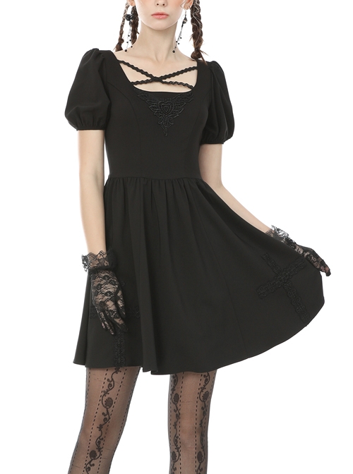 Black Intersect Straps Embroidery Gothic Prom Short Sleeve Dress
