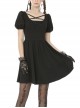 Black Intersect Straps Embroidery Gothic Prom Short Sleeve Dress
