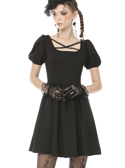 goth prom dress short Black Intersect Straps Embroidery Gothic Prom Short Sleeve Dress
