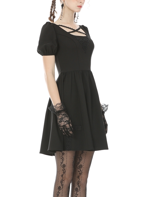 short gothic prom dresses Black Intersect Straps Embroidery Gothic Prom Short Sleeve Dress