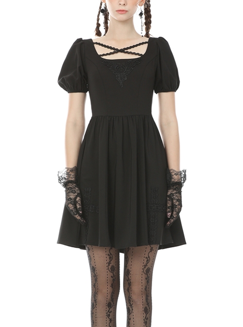 Black Intersect Straps Embroidery Gothic Prom Short Sleeve Dress
