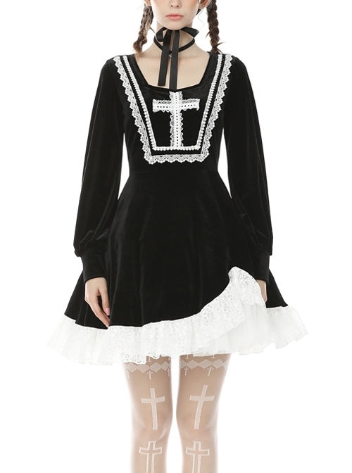 Darkness Gothic White Lace Cross Black Long Sleeve Dress