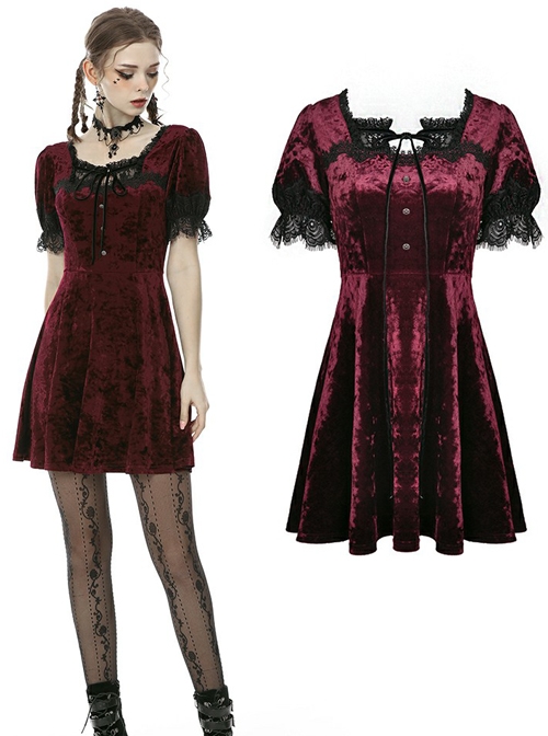 Nightingale Rose Classic Wine Red Diamond Velvet Gothic Short Sleeve Dress