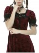 Nightingale Rose Classic Wine Red Diamond Velvet Gothic Short Sleeve Dress
