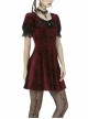 Nightingale Rose Classic Wine Red Diamond Velvet Gothic Short Sleeve Dress