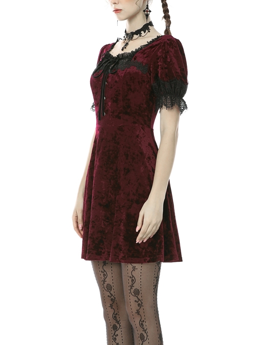 Nightingale Rose Classic Wine Red Diamond Velvet Gothic Short Sleeve Dress