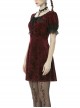 Nightingale Rose Classic Wine Red Diamond Velvet Gothic Short Sleeve Dress
