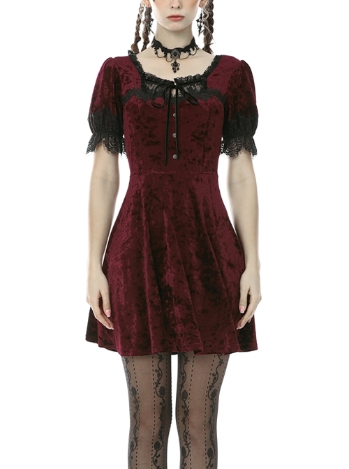 Nightingale Rose Classic Wine Red Diamond Velvet Gothic Short Sleeve Dress