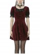 Nightingale Rose Classic Wine Red Diamond Velvet Gothic Short Sleeve Dress