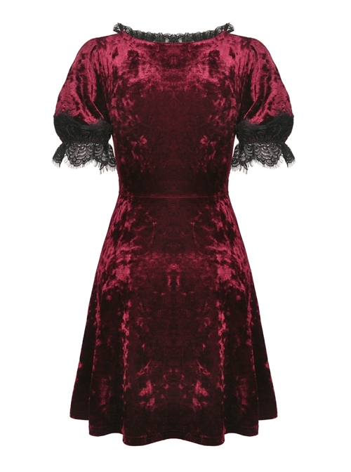 Nightingale Rose Classic Wine Red Diamond Velvet Gothic Short Sleeve Dress