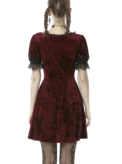 Nightingale Rose Classic Wine Red Diamond Velvet Gothic Short Sleeve Dress