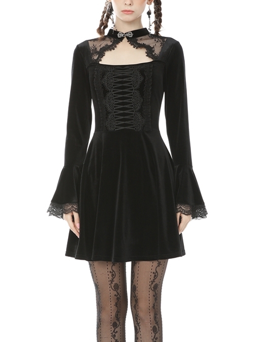 Hollow Out Collar Gothic Black Velvet Dress