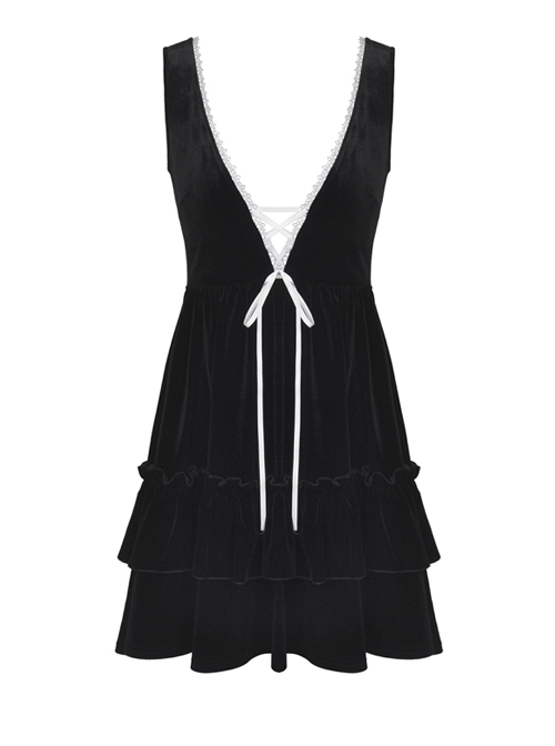 Gothic Academy Black Velvet Deep V-neck Vest Dress