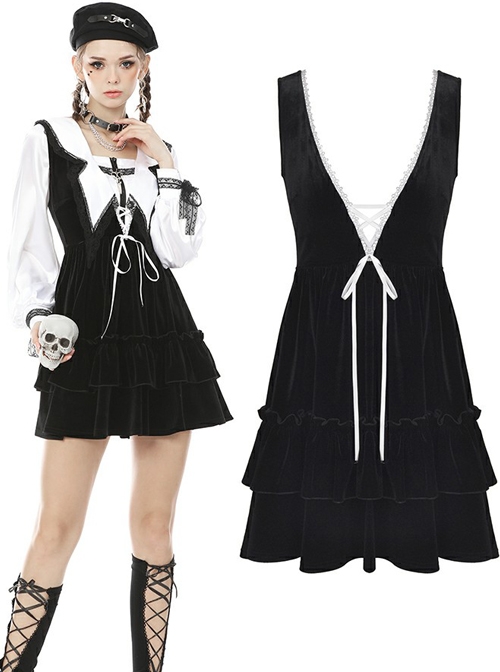 Gothic Academy Black Velvet Deep V-neck Vest Dress
